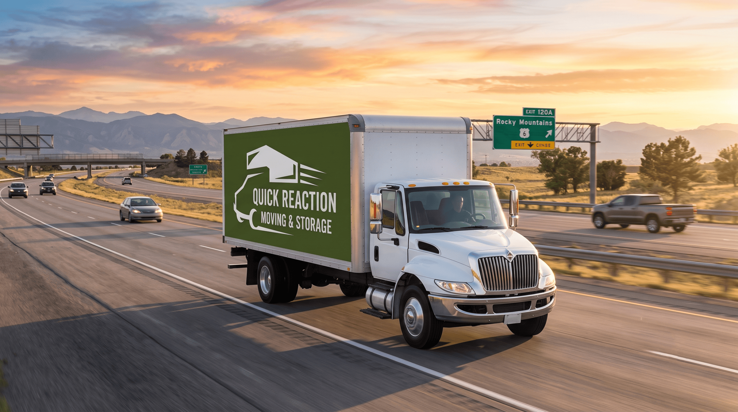 Quick Reaction moving truck on the highway at sunset