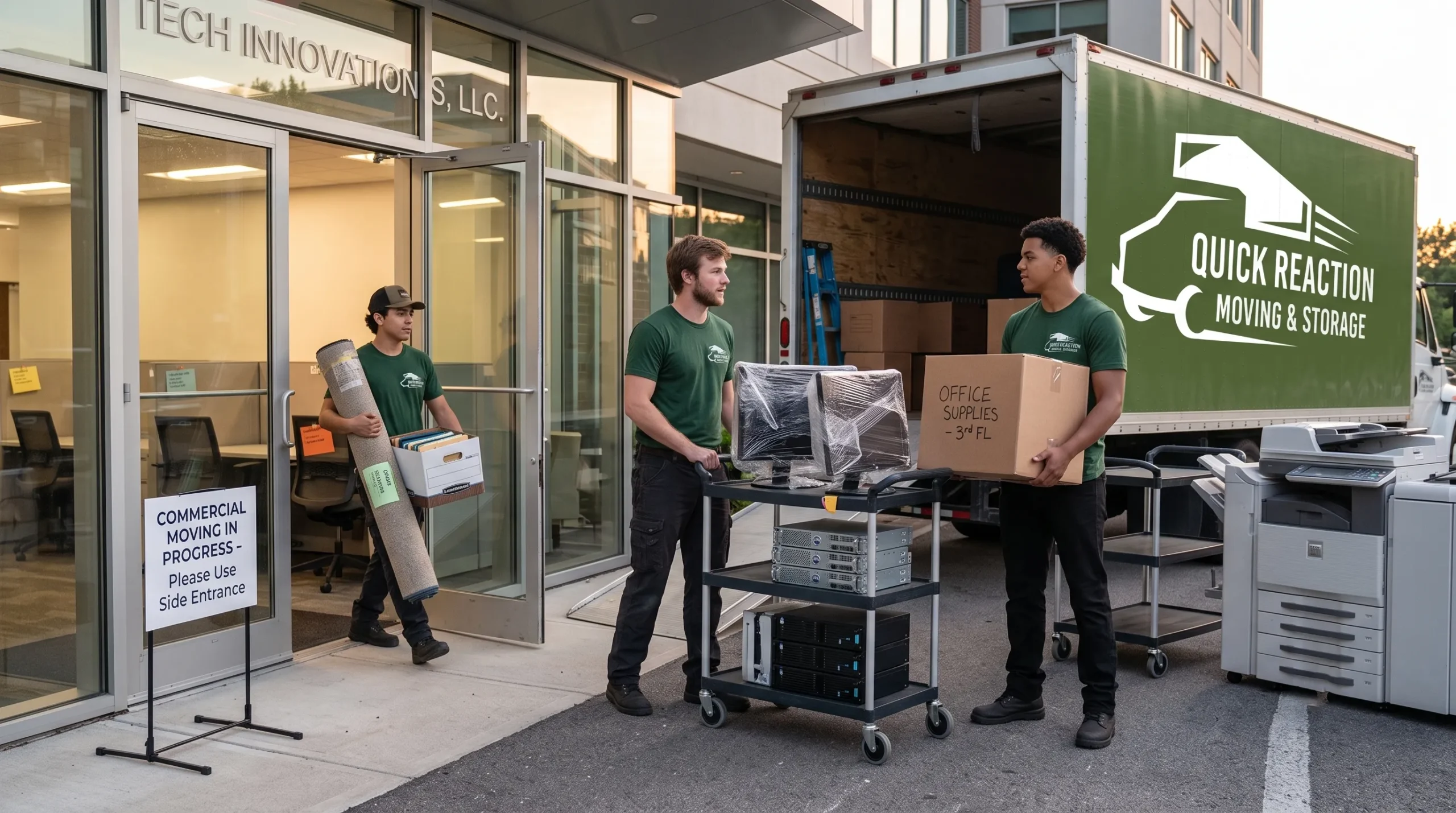 Movers wheeling items out of a glass-front building, similar to a Miami high-rise move