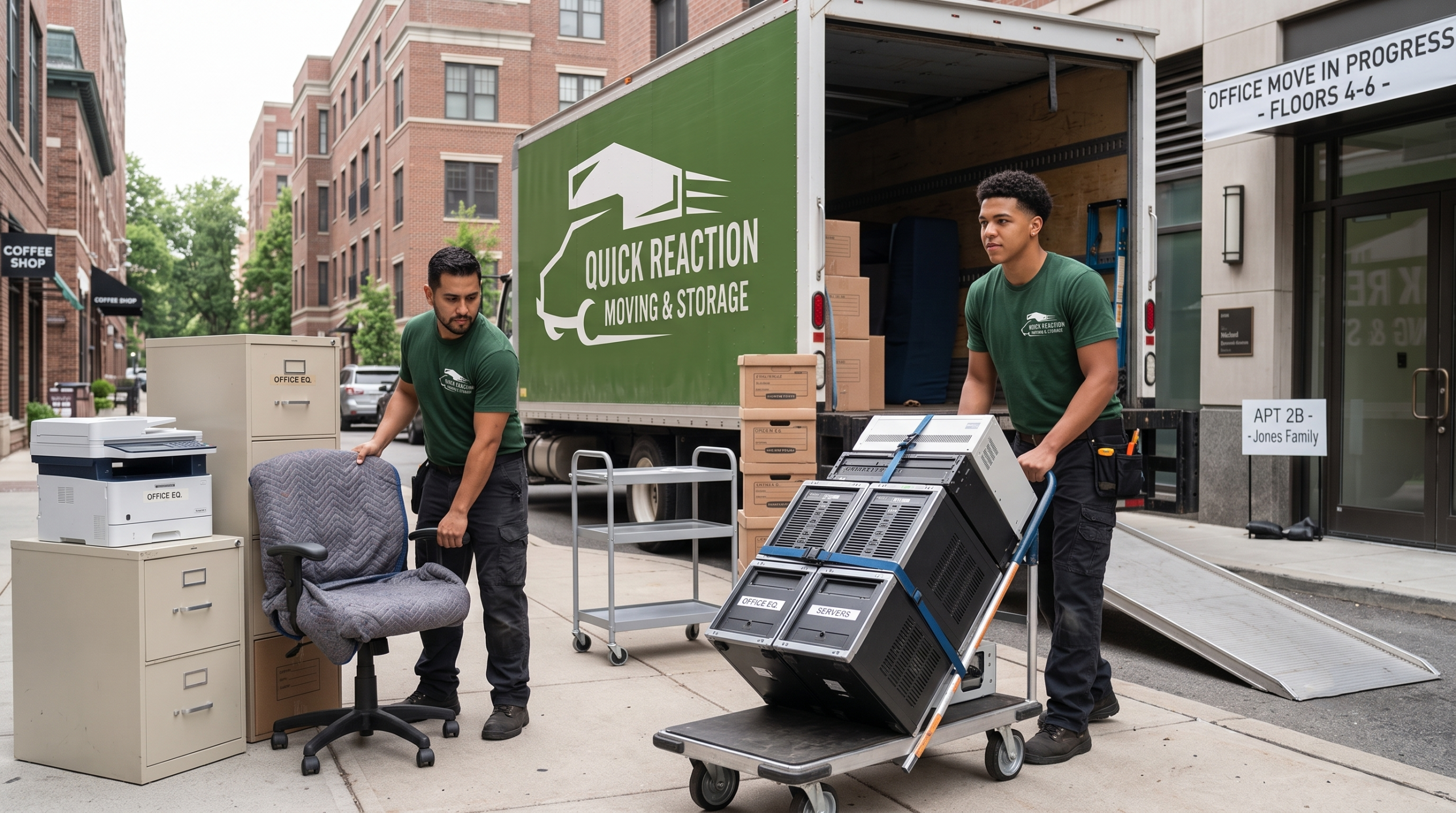 Movers loading boxes onto a dolly beside the truck for an office move