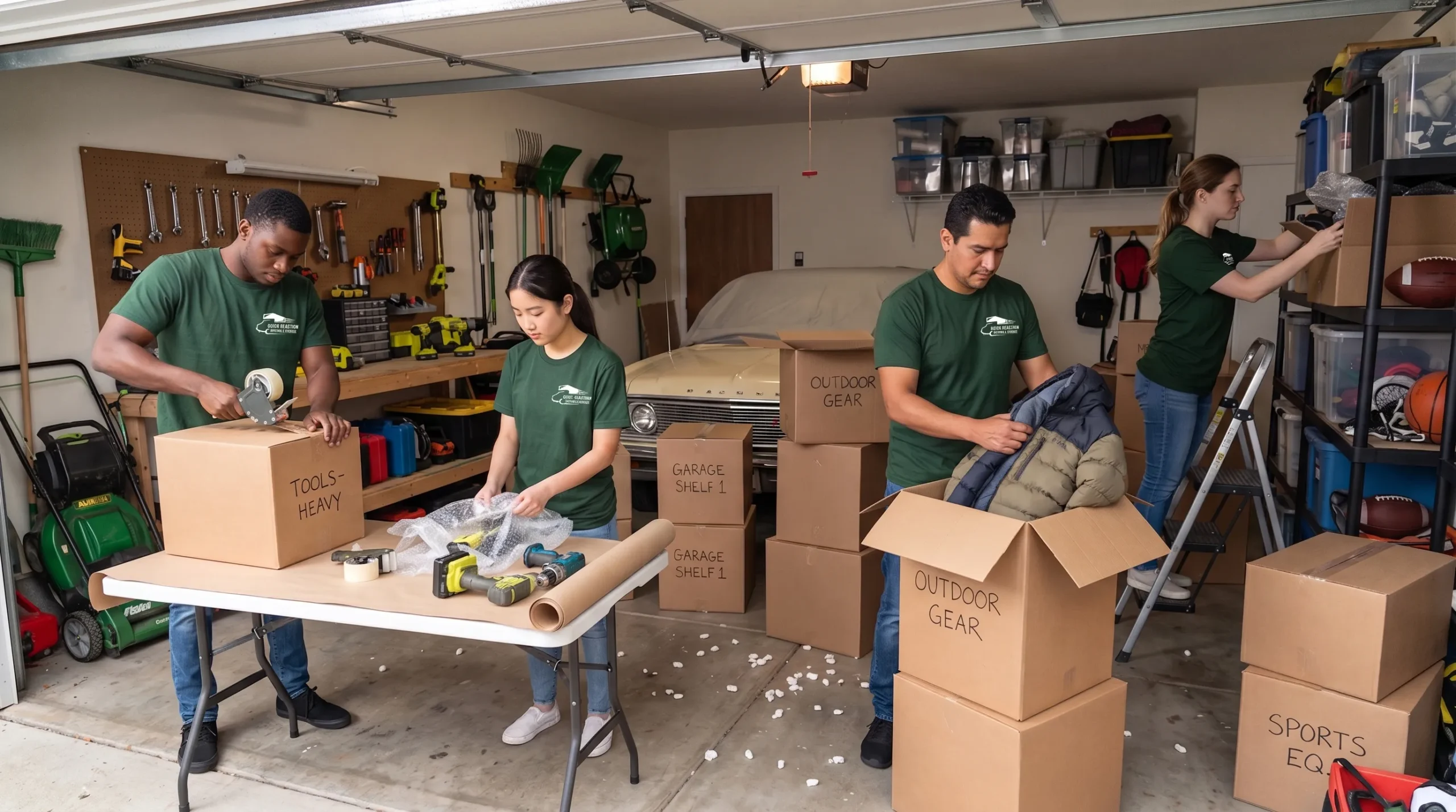 Movers wrapping and packing kitchen items into moving boxes