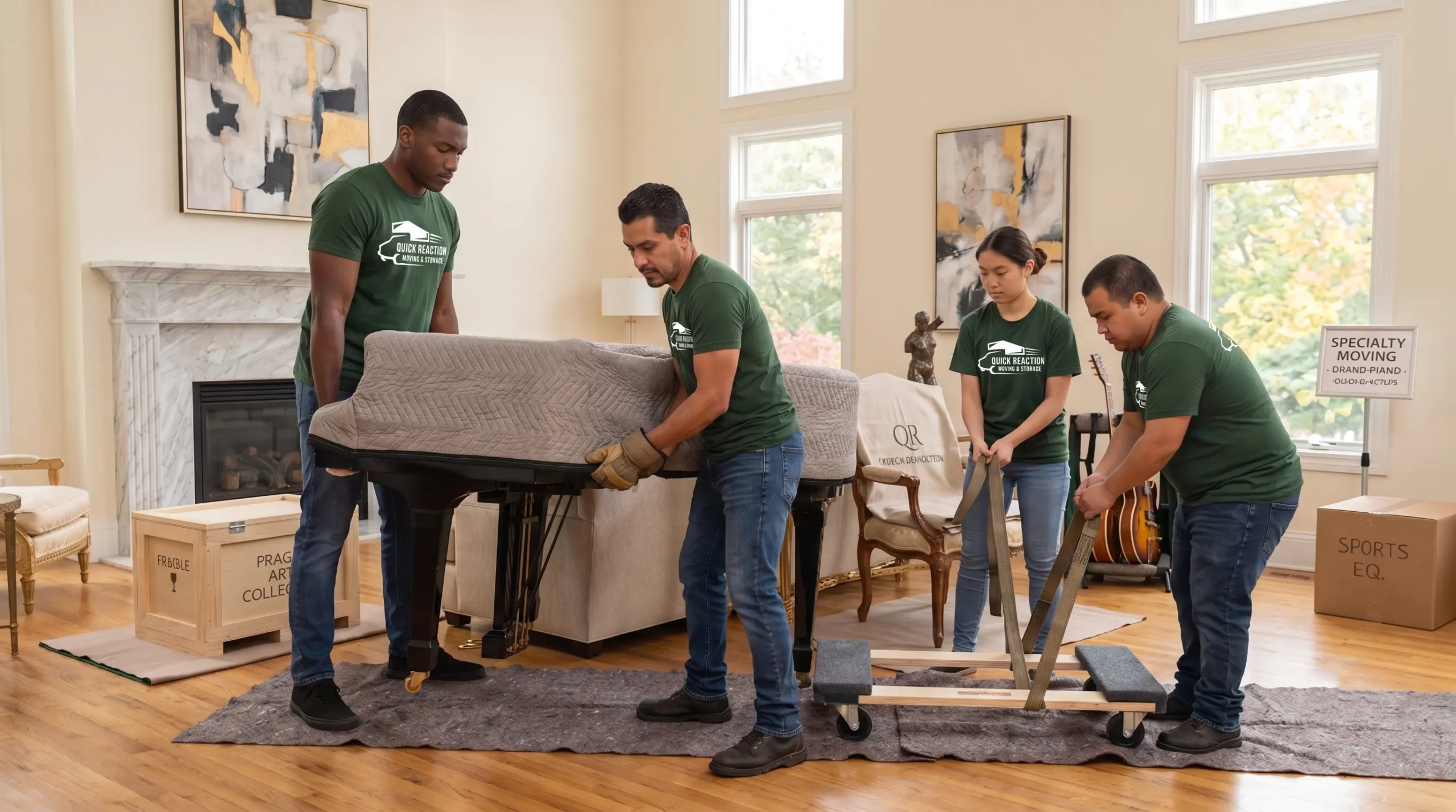 Two movers carefully moving an upright piano for a DC to Boston relocation