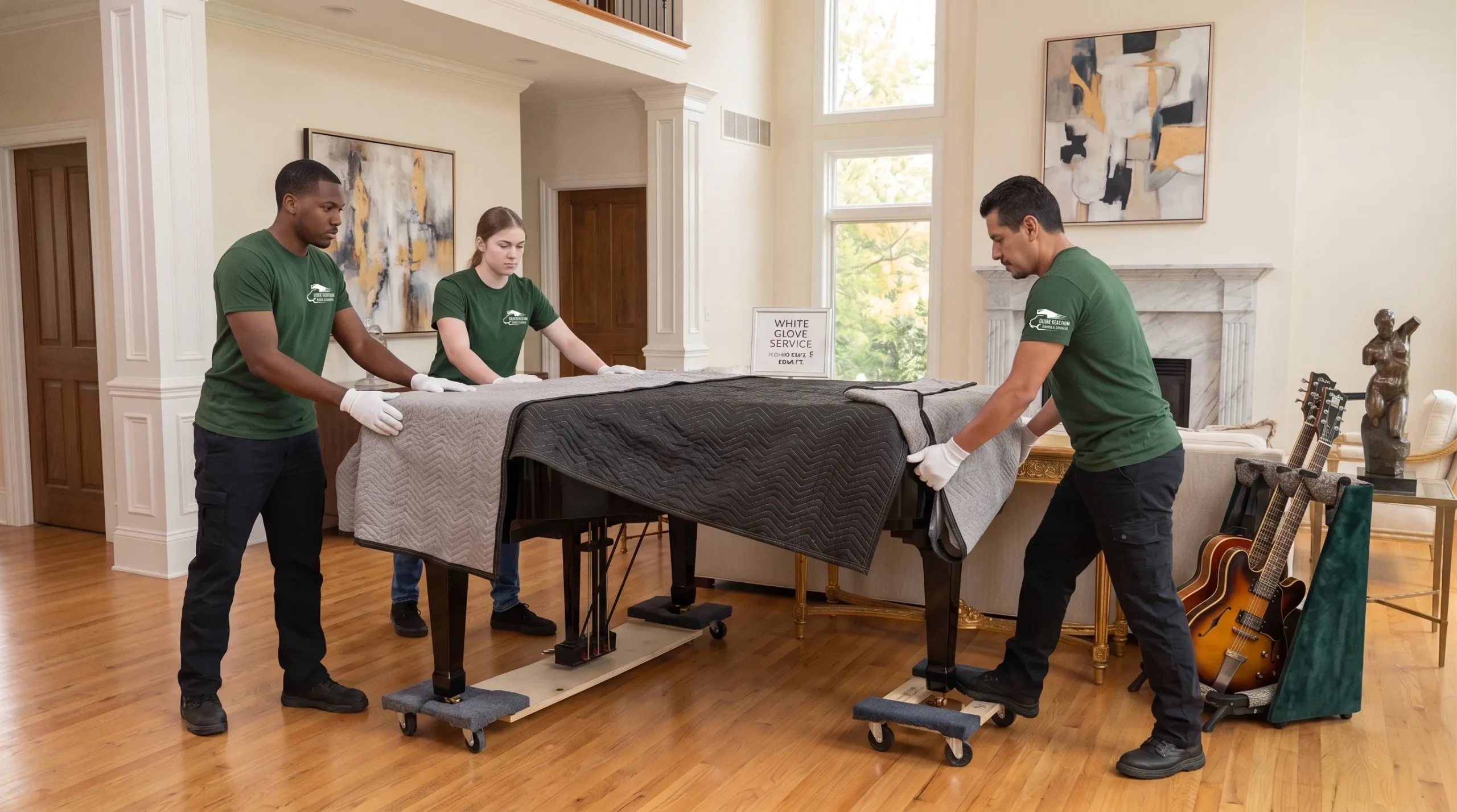 Movers rolling a padded piano across a room