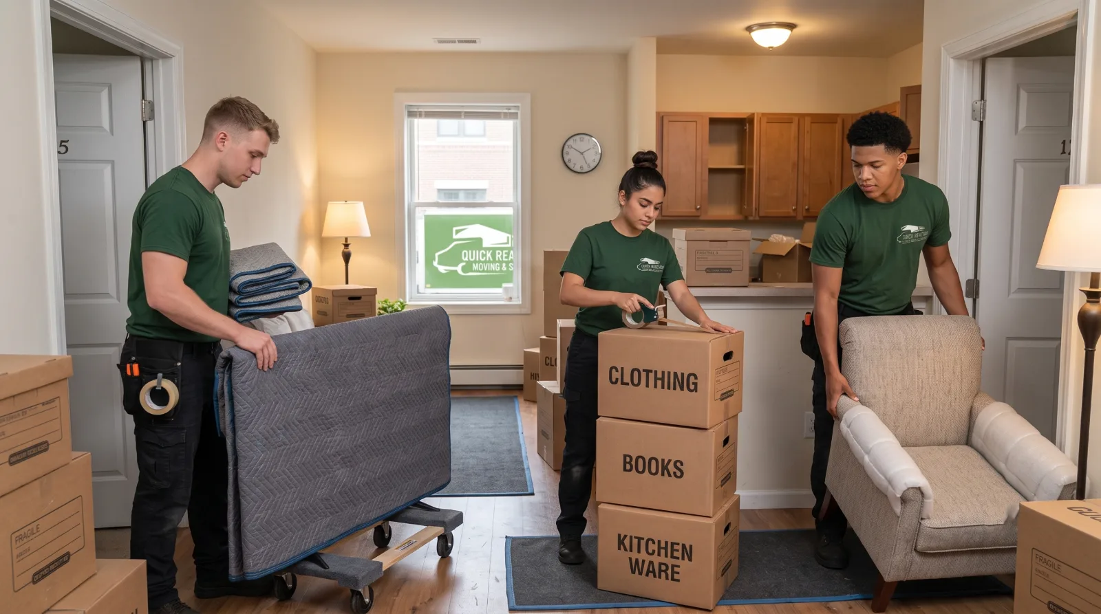 Movers packing boxes in an apartment living room before a DC to New York City move