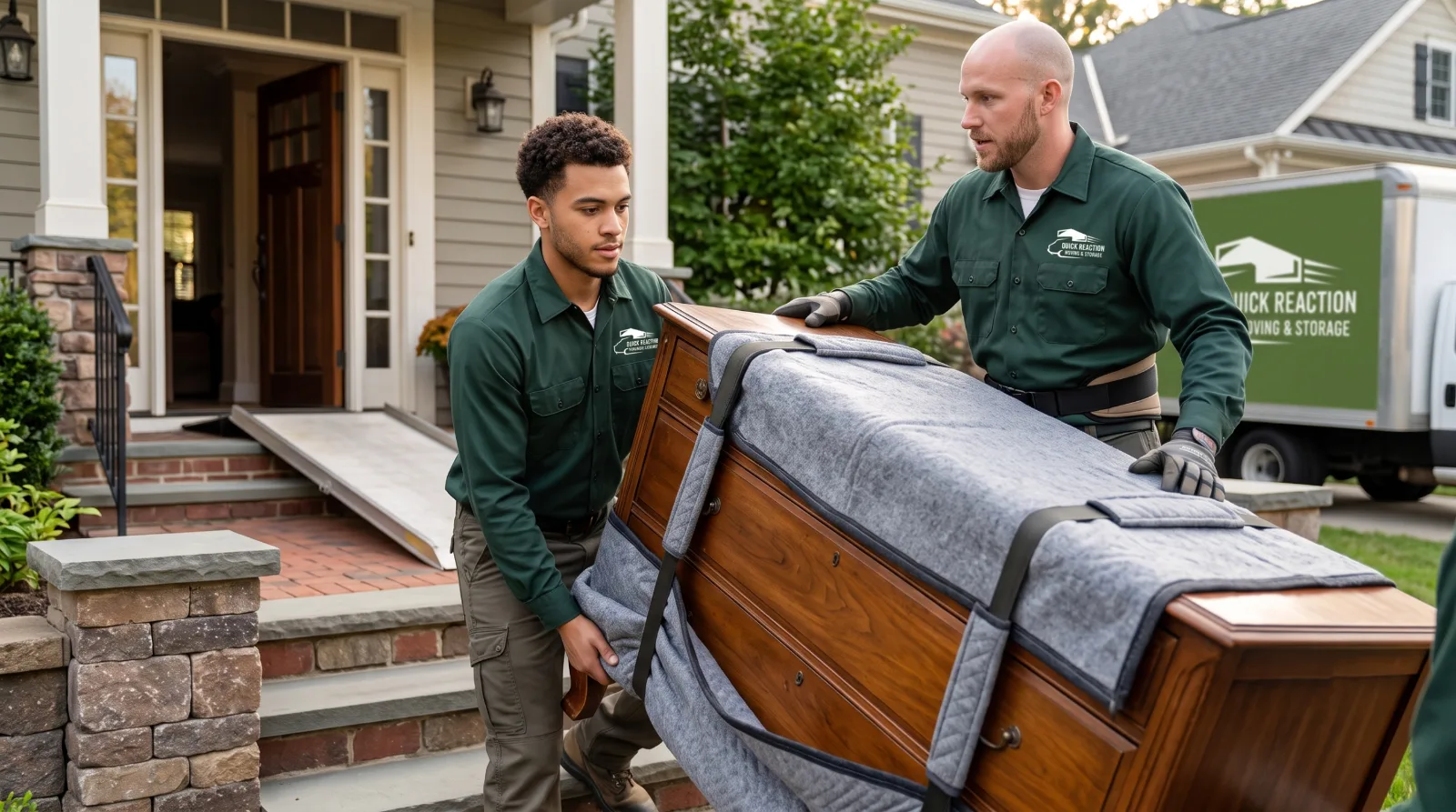 Two Quick Reaction movers carrying wrapped furniture out of a DC apartment headed to New York